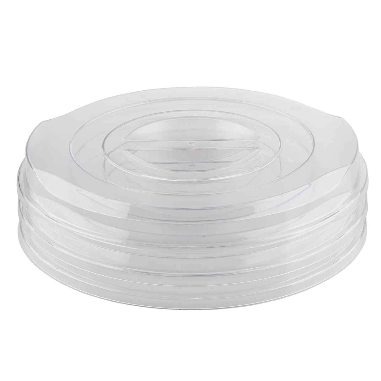 A clear, round acrylic lid with a raised center and a tab for lifting. The TableCraft replacement lid features concentric circular ridges and fits snugly, while the transparent material allows visibility of the contents inside.