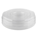 A clear, round acrylic lid with a raised center and a tab for lifting. The TableCraft replacement lid features concentric circular ridges and fits snugly, while the transparent material allows visibility of the contents inside.