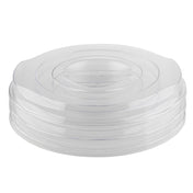 A clear, round acrylic lid with a raised center and a tab for lifting. The TableCraft replacement lid features concentric circular ridges and fits snugly, while the transparent material allows visibility of the contents inside.