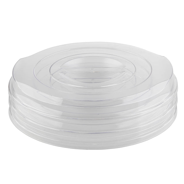 A clear, round acrylic lid with a raised center and a tab for lifting. The TableCraft replacement lid features concentric circular ridges and fits snugly, while the transparent material allows visibility of the contents inside.
