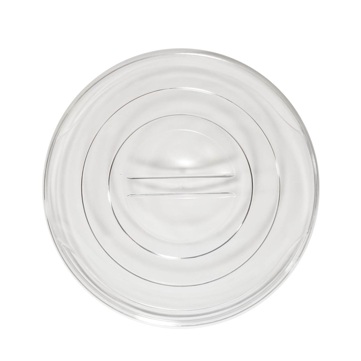 A clear, round TableCraft replacement lid with a flat top and two slightly raised, straight handles in the center. This acrylic lid features concentric circular ridges and is photographed from above on a white background.