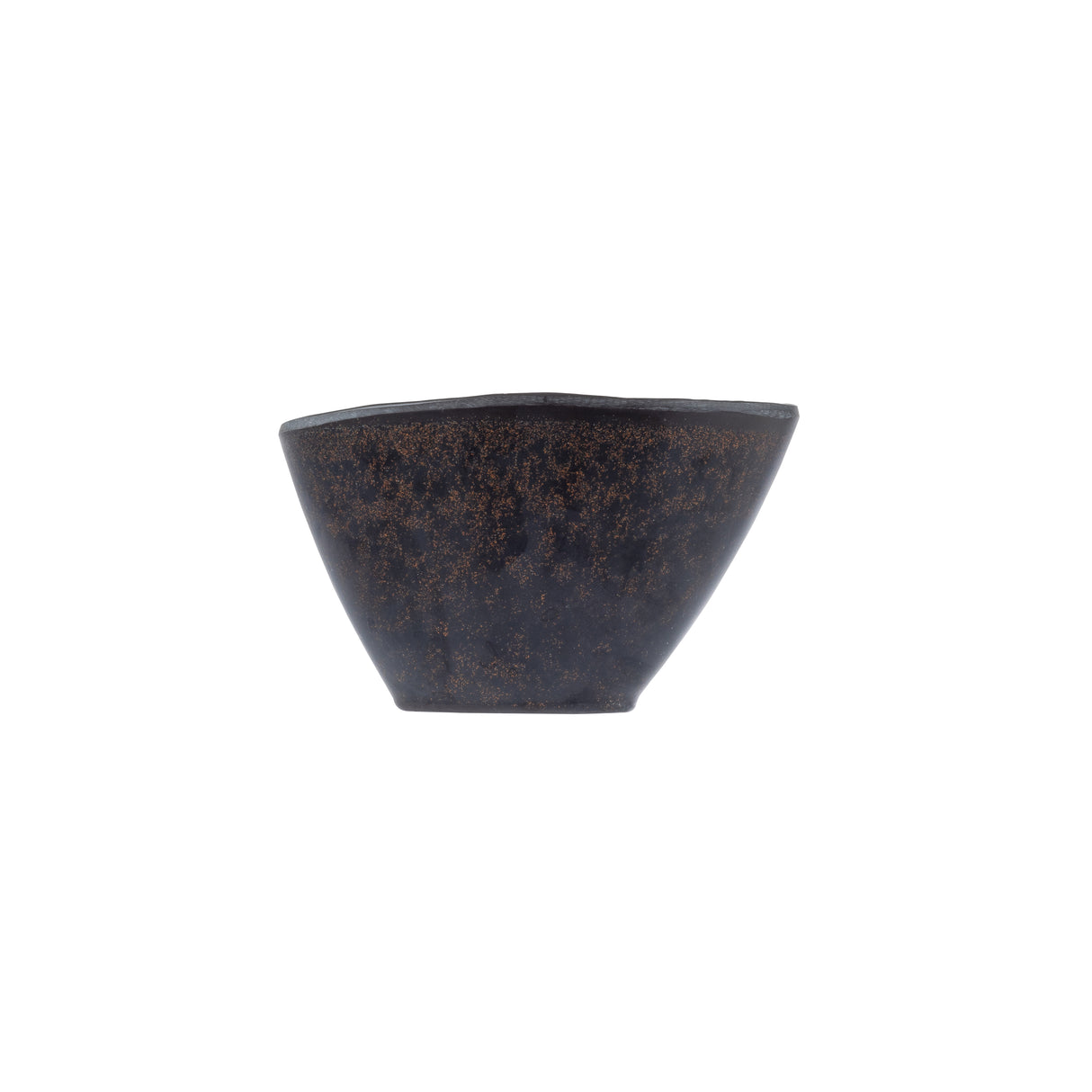 A small, dark Lunara Collection Bowl with a rough, speckled brown and black texture. The bowl features a slightly flared rim, wide opening, and narrow flat base, showcased on a plain white background.