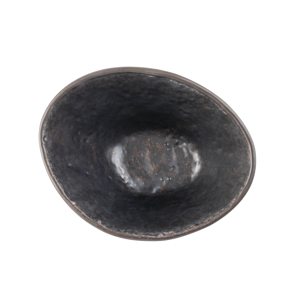 A handmade, oval-shaped Lunara Collection Bowl with a rough edge and a dark, textured surface. The interior features a mottled stone pattern in black and brown, highlighting its rustic, artisanal charm. Photographed from above on a white background.