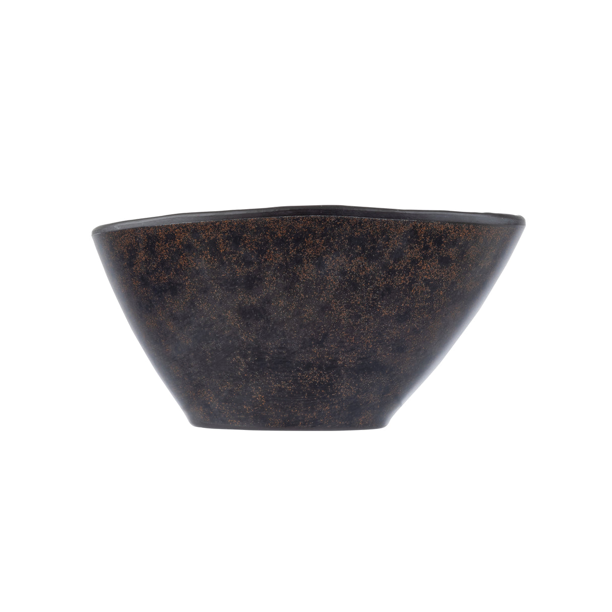 A dark, textured ceramic bowl with slightly flared sides and an uneven rim, featuring a rustic, mottled black and brown stone pattern. The bowl is empty and set against a plain white background.