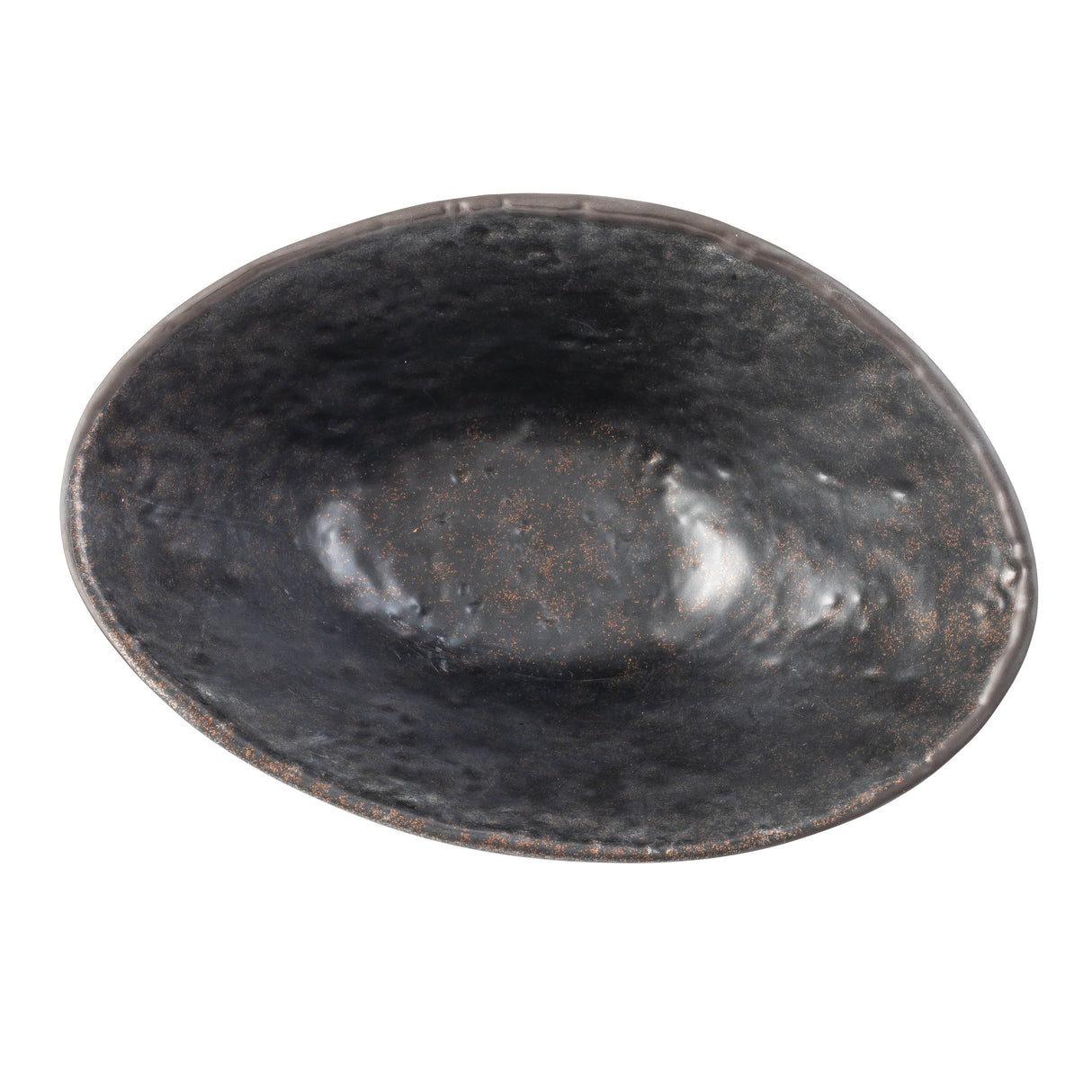 A top-down view of an oval-shaped, dark Lunara Collection Bowl with a slightly uneven rim and textured, matte finish. The bowl appears empty, showcasing its subtle stone pattern as it sits on a white background.
