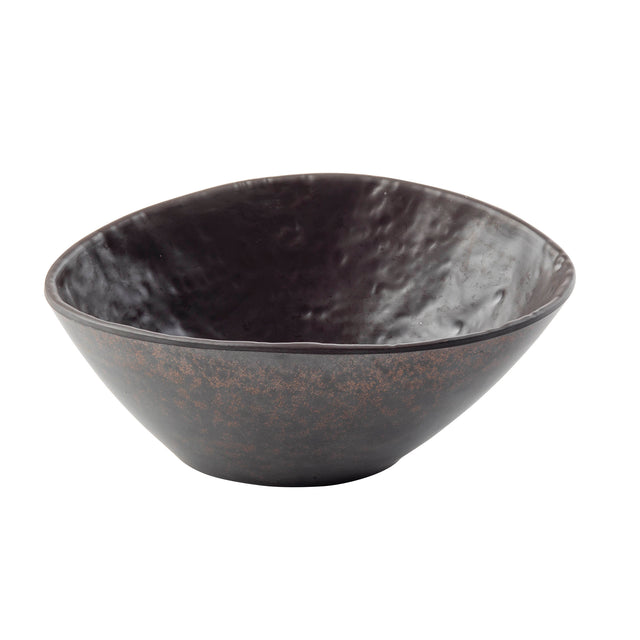 A dark, matte-finished Lunara Collection Bowl with a wide, slightly uneven rim and textured surface. The bowl’s stone pattern and subtle reddish speckles highlight its round base and gently flared, shallow design.