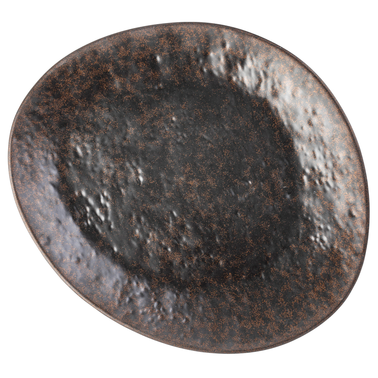 A large, oval-shaped Lunara Collection Plate with a textured, uneven surface. The plate is primarily dark brown with a subtle stone pattern in lighter tones, giving it an earthy, rustic appearance. The edges are slightly raised and irregular.