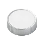 A white, round polypropylene bottle cap with a smooth top and vertical ridges along the sides, ideal as a replacement lid, photographed on a plain white background.