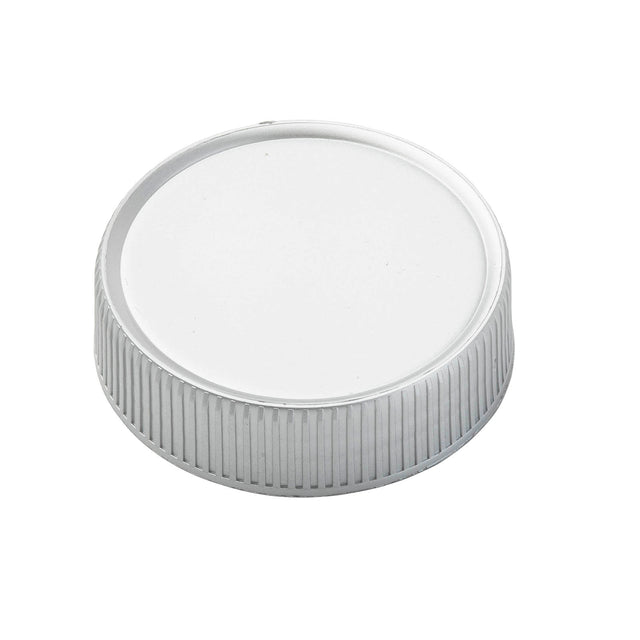 A white, round polypropylene bottle cap with a smooth top and vertical ridges along the sides, ideal as a replacement lid, photographed on a plain white background.
