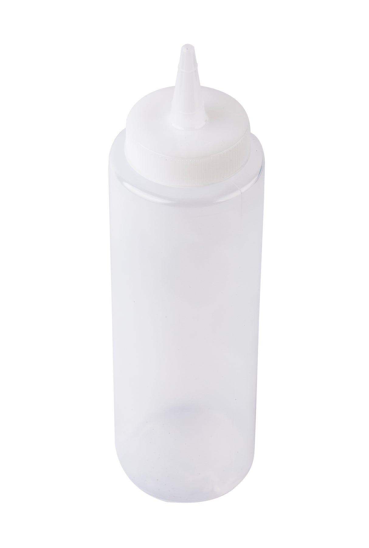 A clear, empty 8 oz. Squeeze Bottle with a white, pointed nozzle cap. The cylindrical bottle has smooth sides and a screw-on cap with a small opening for controlled dispensing of liquids. The background is plain white.