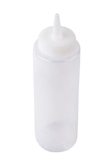 A clear, empty 8 oz. Squeeze Bottle with a white, pointed nozzle cap. The cylindrical bottle has smooth sides and a screw-on cap with a small opening for controlled dispensing of liquids. The background is plain white.