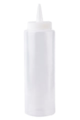 A clear, empty 8 oz. squeeze bottle with a white, ridged screw-on cap and a narrow nozzle tip, designed for dispensing sauces or condiments. Made in USA and photographed against a plain white background.