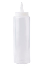 A clear, empty 8 oz. squeeze bottle with a white, ridged screw-on cap and a narrow nozzle tip, designed for dispensing sauces or condiments. Made in USA and photographed against a plain white background.