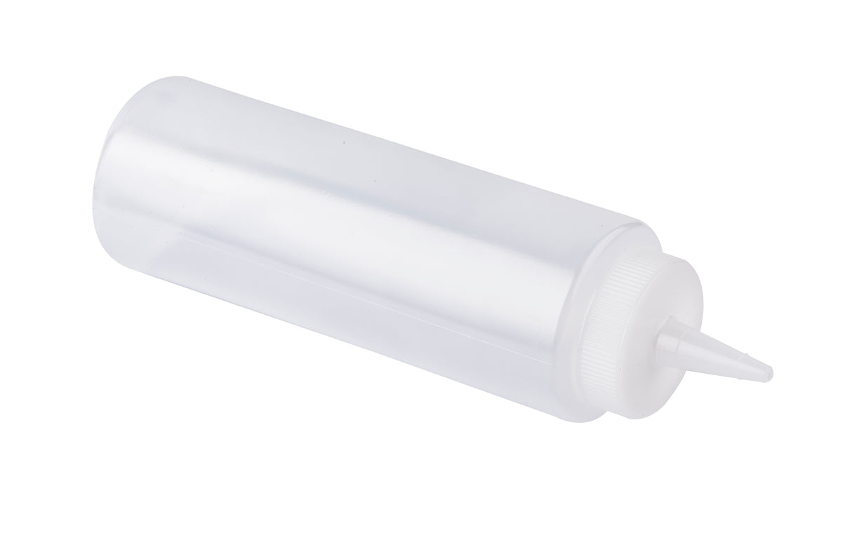 A clear 8 oz. squeeze bottle with a white twist cap and pointed nozzle, lying on its side against a white background. Made in USA, this cylindrical bottle is empty and typically used for condiments, sauces, or dressings.