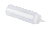 A clear 8 oz. squeeze bottle with a white twist cap and pointed nozzle, lying on its side against a white background. Made in USA, this cylindrical bottle is empty and typically used for condiments, sauces, or dressings.
