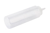 A clear, empty 8 oz. Squeeze Bottle with a white screw-on cap and pointed nozzle lies on its side against a plain white background. Made in USA, the cylindrical bottle is unmarked, ideal for condiments, sauces, or crafting.