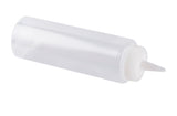 A clear, empty 8 oz. squeeze bottle with a white nozzle cap is shown lying on its side against a plain white background. Made in USA, this cylindrical, translucent bottle features a pointed tip for precise liquid dispensing.