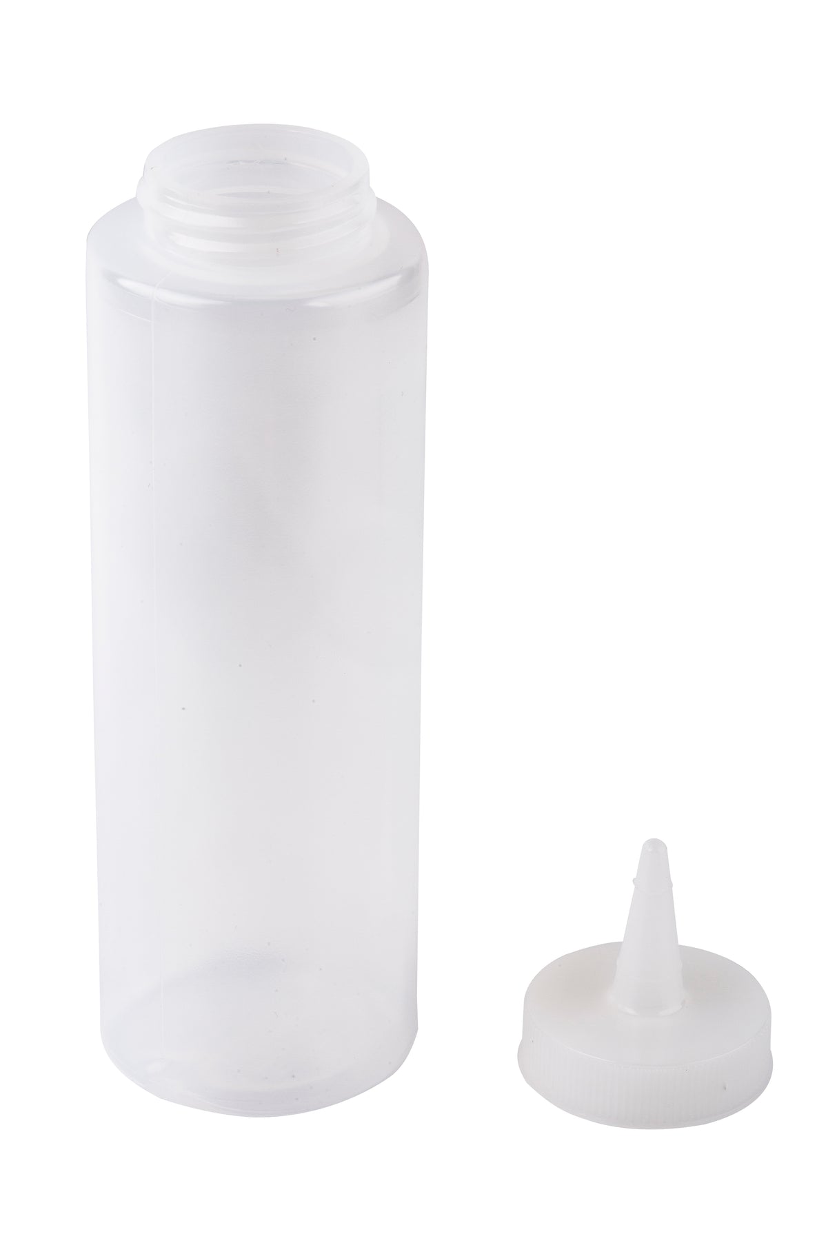 A clear, 8 oz. Squeeze Bottle stands upright with its white, pointed nozzle cap detached and placed beside it. The empty bottle and cap, Made in USA, are set against a plain white background.