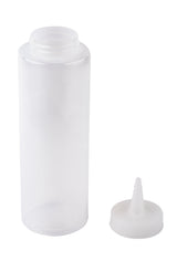 A clear, 8 oz. Squeeze Bottle stands upright with its white, pointed nozzle cap detached and placed beside it. The empty bottle and cap, Made in USA, are set against a plain white background.