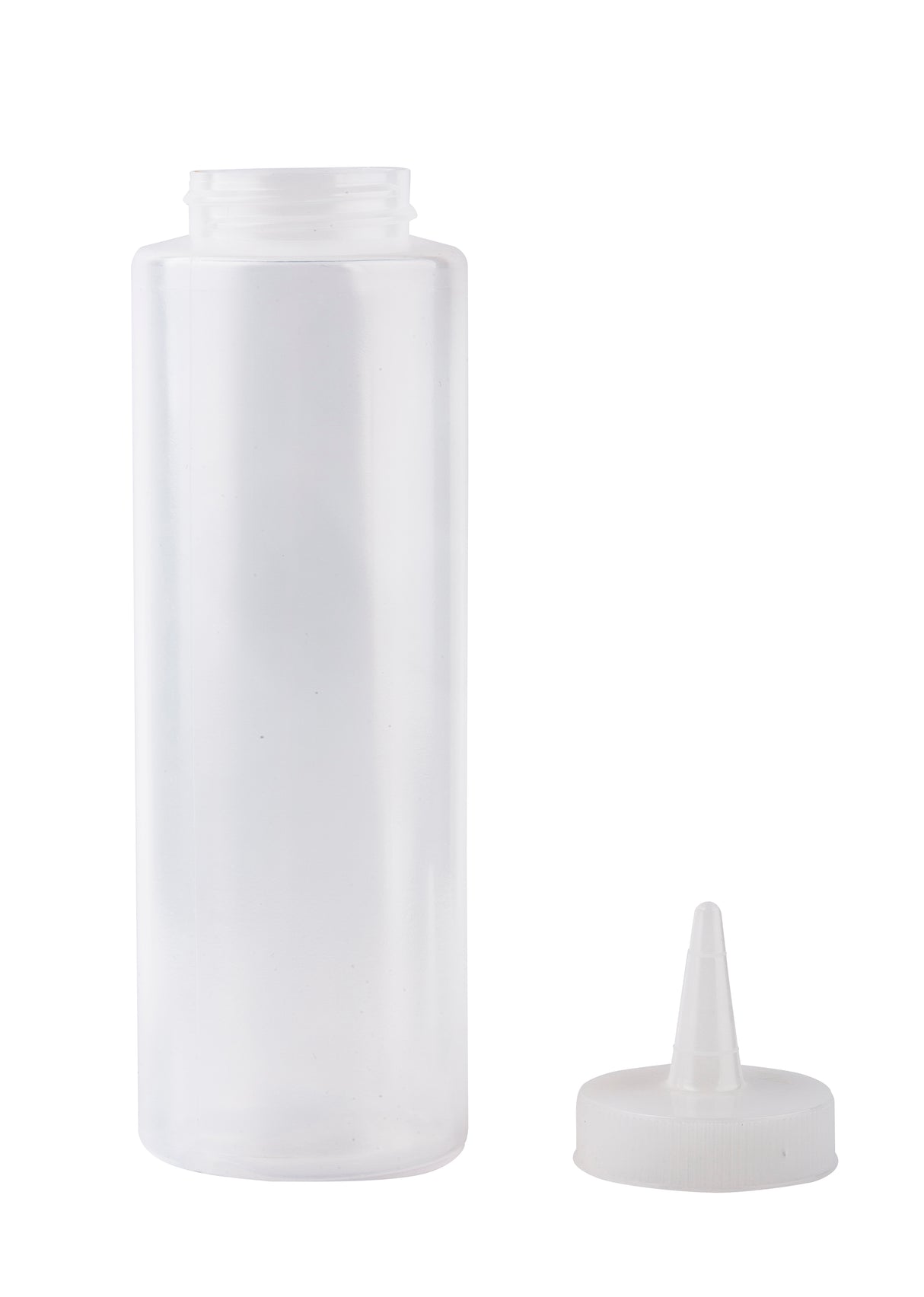 An 8 oz. Squeeze Bottle, made in USA, stands upright with its pointed nozzle cap and white screw-on lid set to the right on a plain white background. The cylindrical bottle features a wide opening for easy filling.