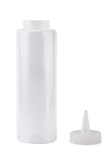 An 8 oz. Squeeze Bottle, made in USA, stands upright with its pointed nozzle cap and white screw-on lid set to the right on a plain white background. The cylindrical bottle features a wide opening for easy filling.