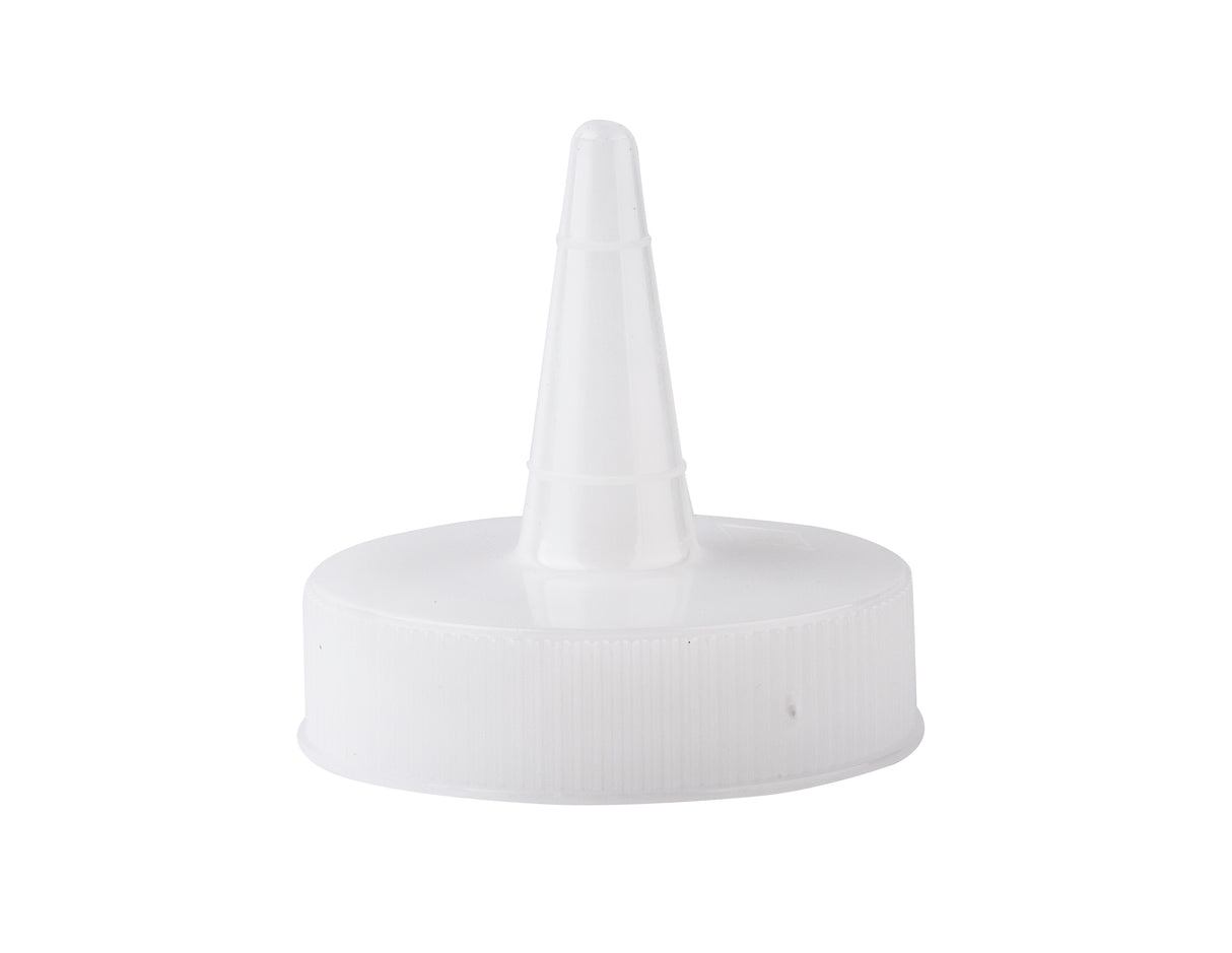 A white plastic Squeeze Bottle cap with a tall, narrow, pointed nozzle designed for precise pouring or dispensing. The ribbed sides offer grip, while the smooth, tapered spout at the top fits most 8 oz. bottles. Background is plain white.