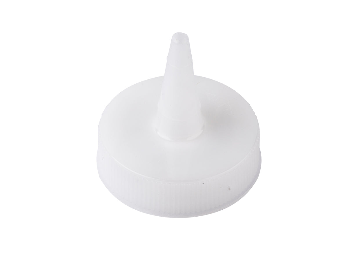 A white plastic Squeeze Bottle cap with a conical nozzle spout, viewed from above on a plain white background. Designed for 8 oz. bottles, it features textured ridges for grip and a pointed nozzle in the center for precise dispensing. Made in USA.