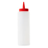 A clear, 8 oz cylindrical squeeze bottle with a red, pointed nozzle cap, typically used for dispensing condiments or sauces. This dishwasher safe bottle stands upright against a white background.