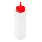 A clear, empty 8 oz squeeze bottle with a red, ribbed screw-on cap and pointed nozzle stands upright on a white background. Cylindrical and unmarked, it's commonly used for condiments or sauces and is dishwasher safe for easy cleaning.