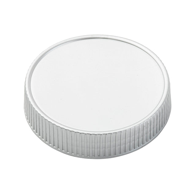 A close-up image of a white polypropylene bottle cap with a smooth, flat top and ribbed sides for grip. This circular replacement lid from TableCraft appears unused, photographed against a plain white background.