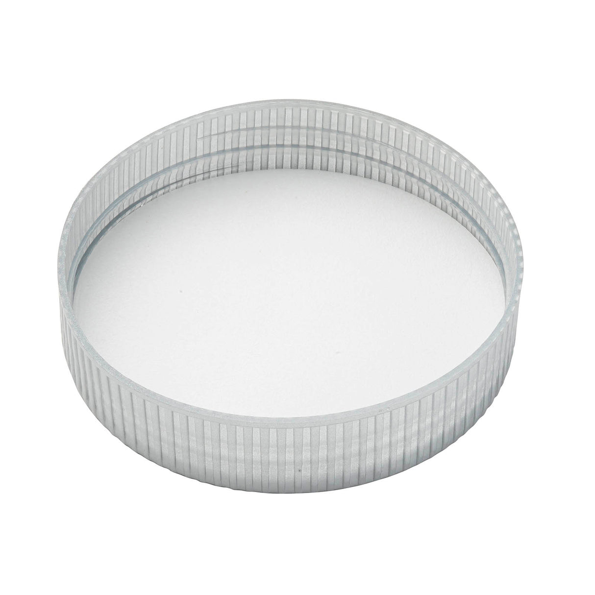 A clear, round, shallow polypropylene petri dish with vertical ridges on the sides is shown on a white background. The TableCraft dish is empty and has a flat, smooth base, perfect for use as a replacement lid or laboratory container.