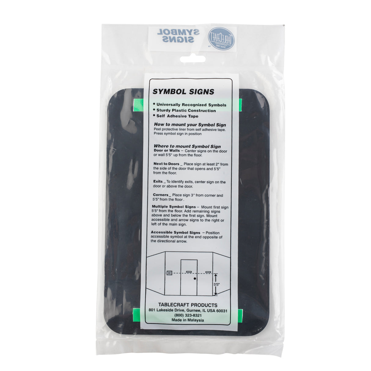 A clear plastic package contains a rectangular black self-adhesive sign labeled "SYMBOL SIGNS" with mounting instructions. The TableCraft 10901 please wait to be seated sign includes helpful installation tips and the Tablecraft Products address at the bottom.