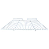 A white metal wire Left Shelf viewed from the front at a low angle, showing parallel horizontal bars and two raised rectangular supports at the back. The simple, open design is ideal for Empura Refrigeration or as a replacement Empura Part.