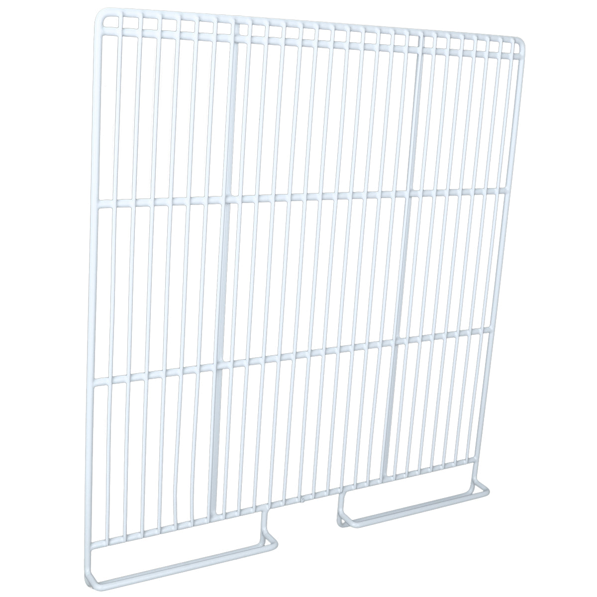 A white metal wire fence or rack panel with vertical and horizontal bars, featuring two flat feet for stability. The simple, utilitarian design suggests use for partitioning or organization, compatible as a Left Shelf in Empura Refrigeration units.
