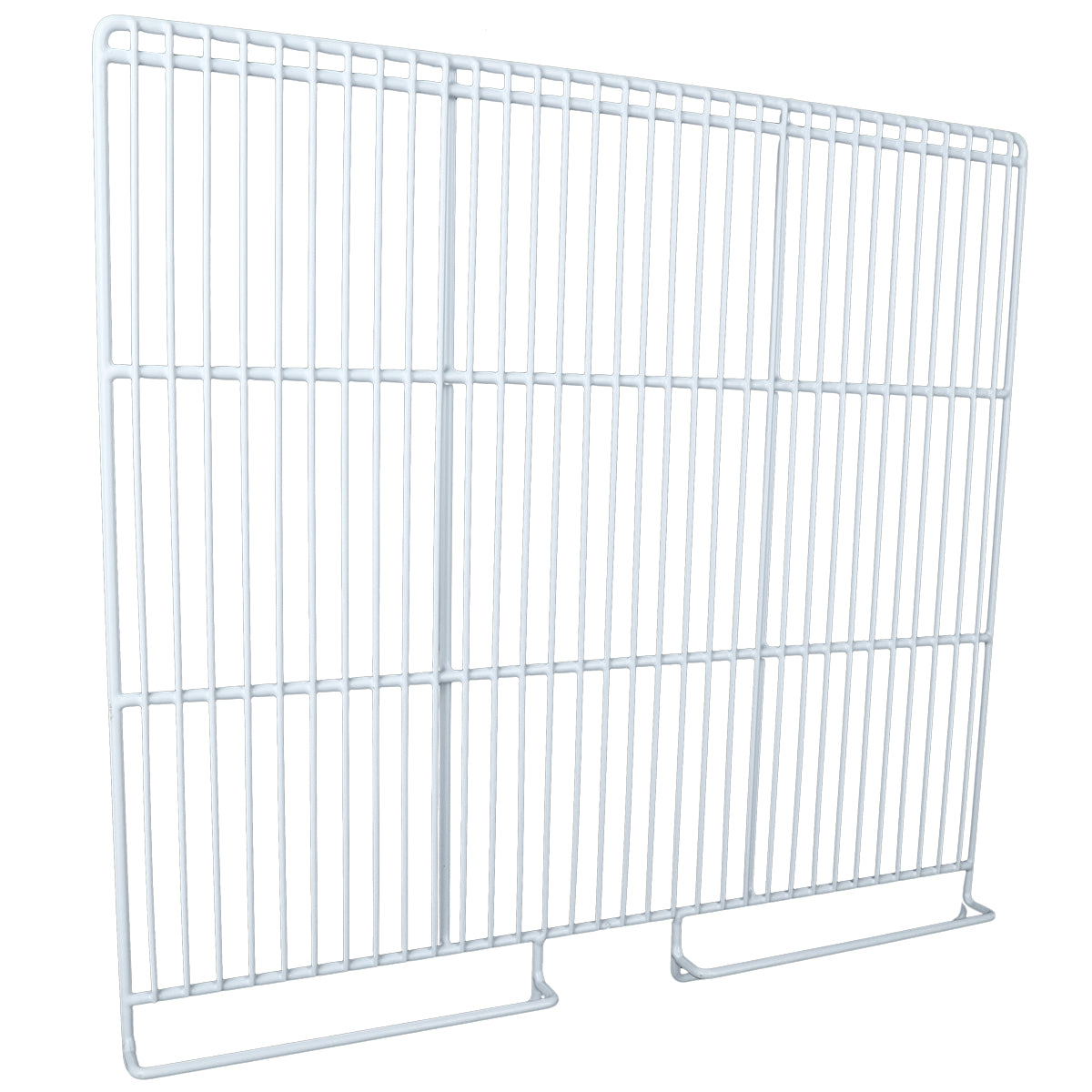 A white metal wire panel with vertical and horizontal bars forms a rectangular grid, commonly used as a middle shelf in Empura Refrigeration units. It features two rectangular feet at the bottom, allowing it to stand upright with a smooth, evenly spaced surface.