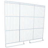 A white metal wire panel with vertical and horizontal bars forms a rectangular grid, commonly used as a middle shelf in Empura Refrigeration units. It features two rectangular feet at the bottom, allowing it to stand upright with a smooth, evenly spaced surface.