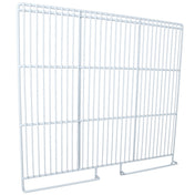 A white metal wire panel with vertical and horizontal bars forms a rectangular grid, commonly used as a middle shelf in Empura Refrigeration units. It features two rectangular feet at the bottom, allowing it to stand upright with a smooth, evenly spaced surface.