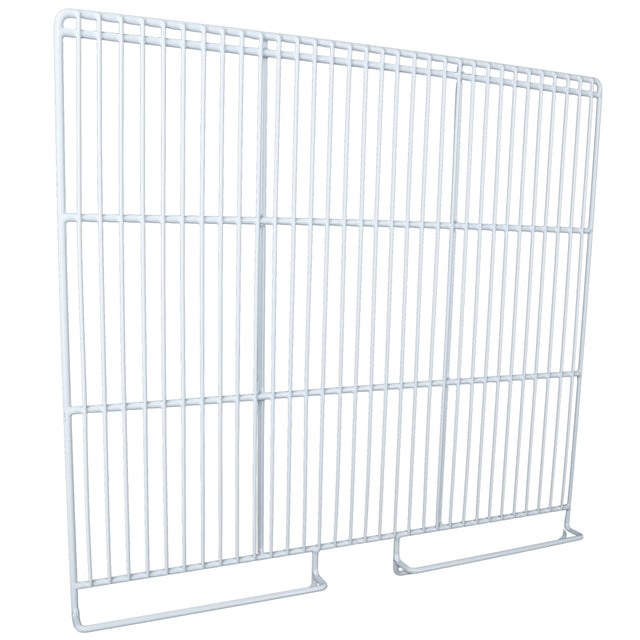 A white metal wire panel with vertical and horizontal bars forms a rectangular grid, commonly used as a middle shelf in Empura Refrigeration units. It features two rectangular feet at the bottom, allowing it to stand upright with a smooth, evenly spaced surface.