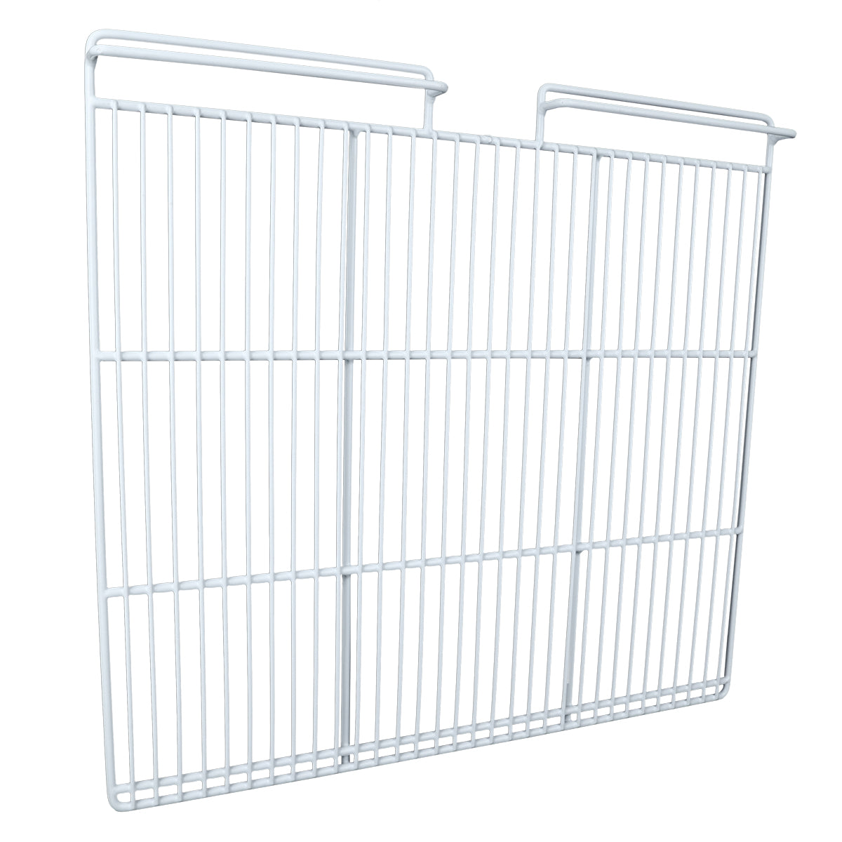 A white metal wire shelf divider with vertical and horizontal bars, ideal for organizing a Middle Shelf in Empura Refrigeration units. It has two hooks for hanging and a sturdy, evenly spaced grid design to separate items efficiently.