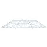 A white metal wire middle shelf viewed from the front, featuring parallel horizontal bars and two raised support sections along the back edge. This open, rectangular Empura Parts design is ideal for shelving units, closets, or Empura Refrigeration systems.