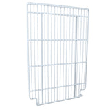 A white metal wire shelving panel, such as the Empura Refrigeration Left Shelf, stands vertically. Evenly spaced bars form a grid pattern, while a small central notch at the bottom enhances its minimalist, utilitarian design—ideal for Empura Parts replacement.