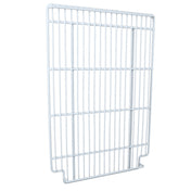 A white metal wire shelving panel, such as the Empura Refrigeration Left Shelf, stands vertically. Evenly spaced bars form a grid pattern, while a small central notch at the bottom enhances its minimalist, utilitarian design—ideal for Empura Parts replacement.