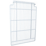 A white metal wire left shelf with vertical and horizontal bars creating a grid pattern, rectangular in shape, with two small cutouts near the top edge. Designed as an Empura Refrigeration part for use in shelving units or storage systems.