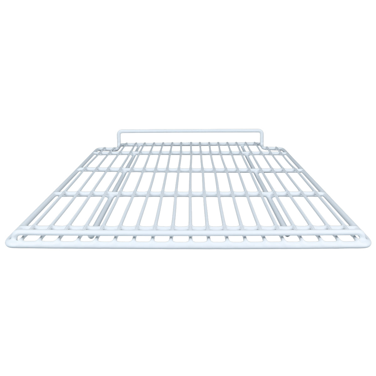 A white, rectangular metal wire rack is shown from a low front angle. With evenly spaced bars and a raised back edge, this Left Shelf is likely a removable part for Empura Refrigeration or compatible with other Empura Parts. The background is plain white.