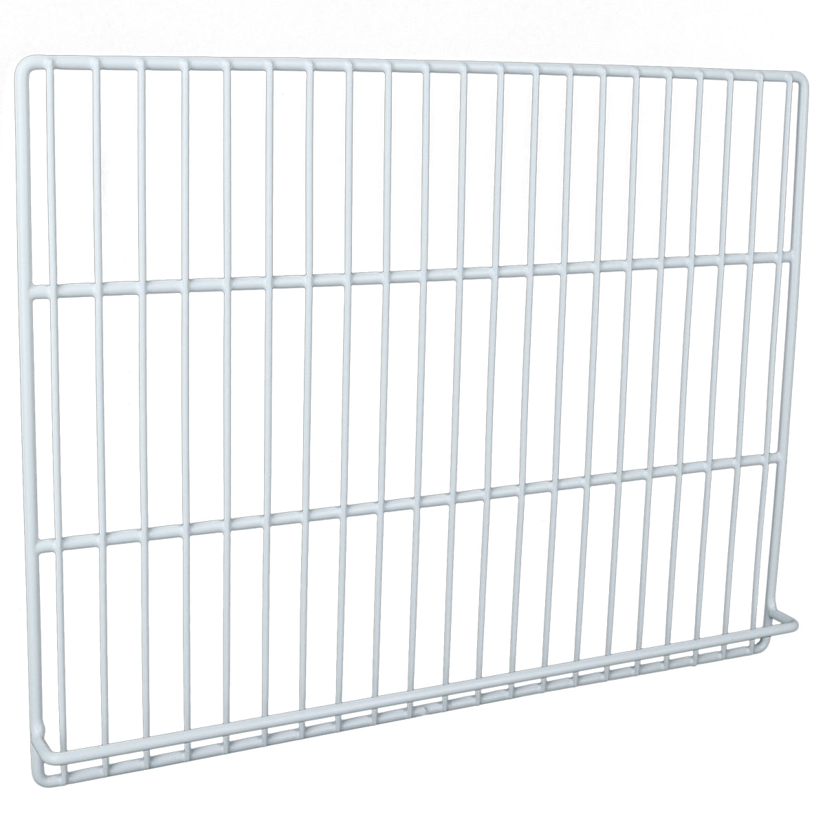 A white metal wire rack with evenly spaced vertical and horizontal bars forming a rectangular grid, photographed against a plain white background. This Right Shelf features slightly thicker outer edges for support, ideal as an Empura Refrigeration accessory.