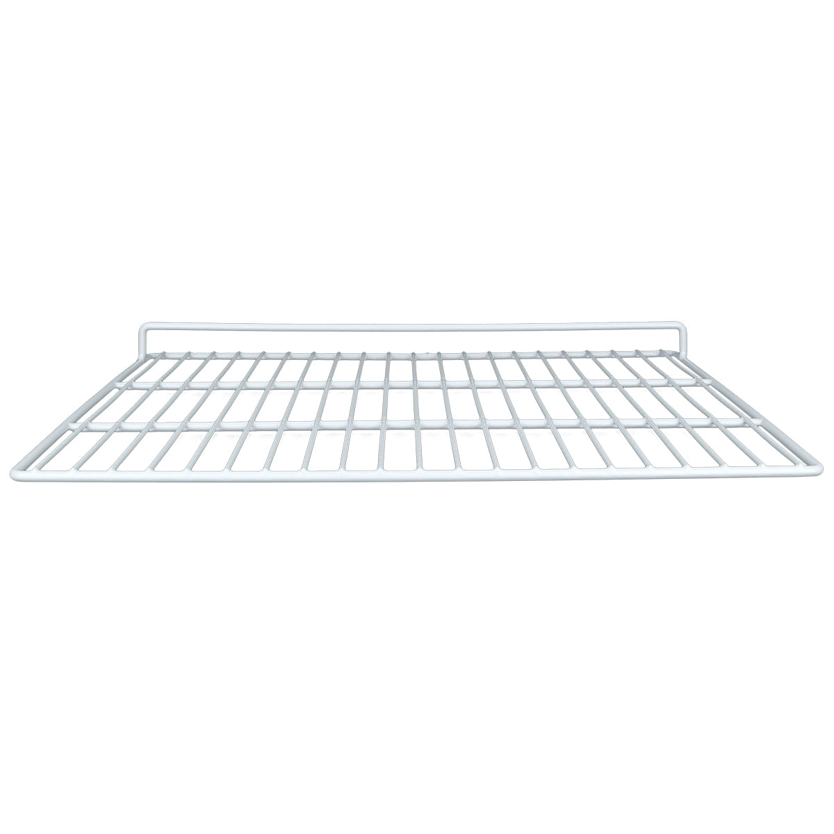 A white Empura Parts wire shelf seen from the front, featuring a rectangular grid pattern with evenly spaced bars. The right shelf has a small raised edge along the back side. The background is plain and uncluttered.
