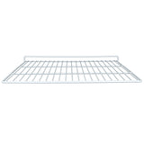 A white Empura Parts wire shelf seen from the front, featuring a rectangular grid pattern with evenly spaced bars. The right shelf has a small raised edge along the back side. The background is plain and uncluttered.