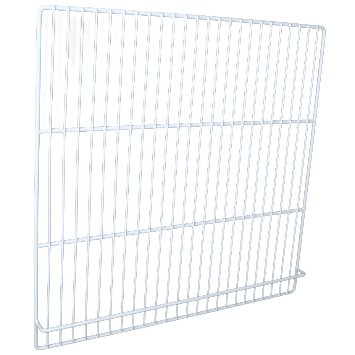 A white metal wire E-KPP93 middle shelf with vertical and horizontal bars forms a grid pattern. Designed for Empura Refrigeration, it features a slight lip at the bottom edge to provide support or prevent items from sliding off. The background is plain and white.