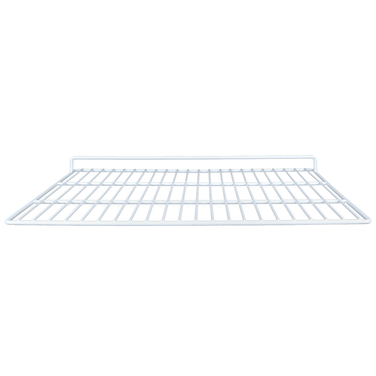 A white wire shelf with a grid pattern, viewed from the front. Designed for Empura Refrigeration units, this left shelf features a slight upward bend at the back edge for support and gaps between the wires to allow airflow.