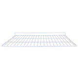 A white wire shelf with a grid pattern, viewed from the front. Designed for Empura Refrigeration units, this left shelf features a slight upward bend at the back edge for support and gaps between the wires to allow airflow.